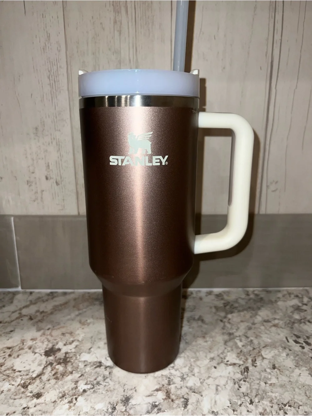 Stanley Brown Travel Tumbler with White Handle and Lid